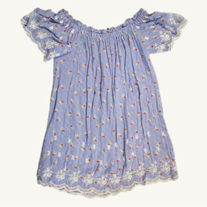 Nu Label Off Shoulder Blue & White Striped Dress with Red Flowers Size Small